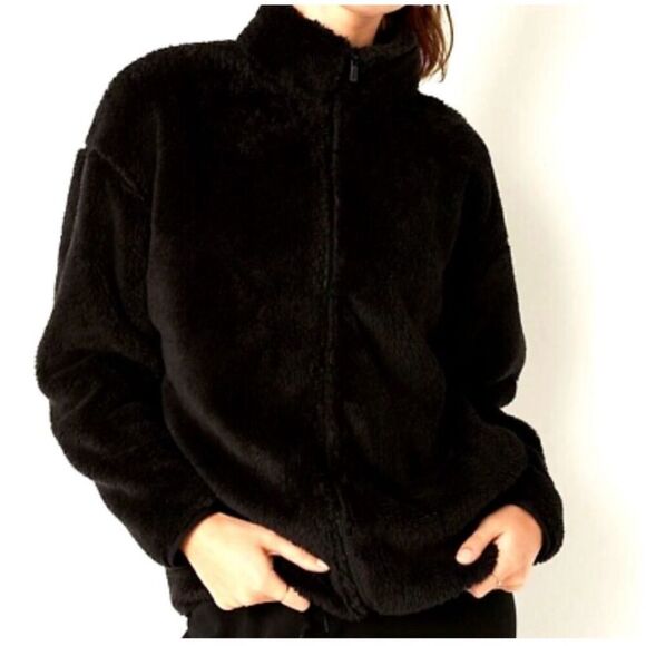 Victoria’s Secret PINK Black Sherpa NWT full zip soft teddy jacket mock neck poc - Picture 2 of 11
